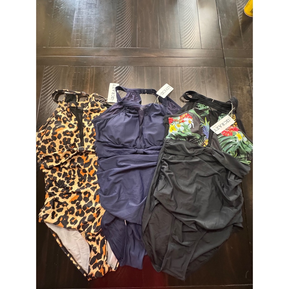 Lot of 3 I2CRAZY Womens One Piece Swimsuits High Neck Mesh Ruched Size L NWT